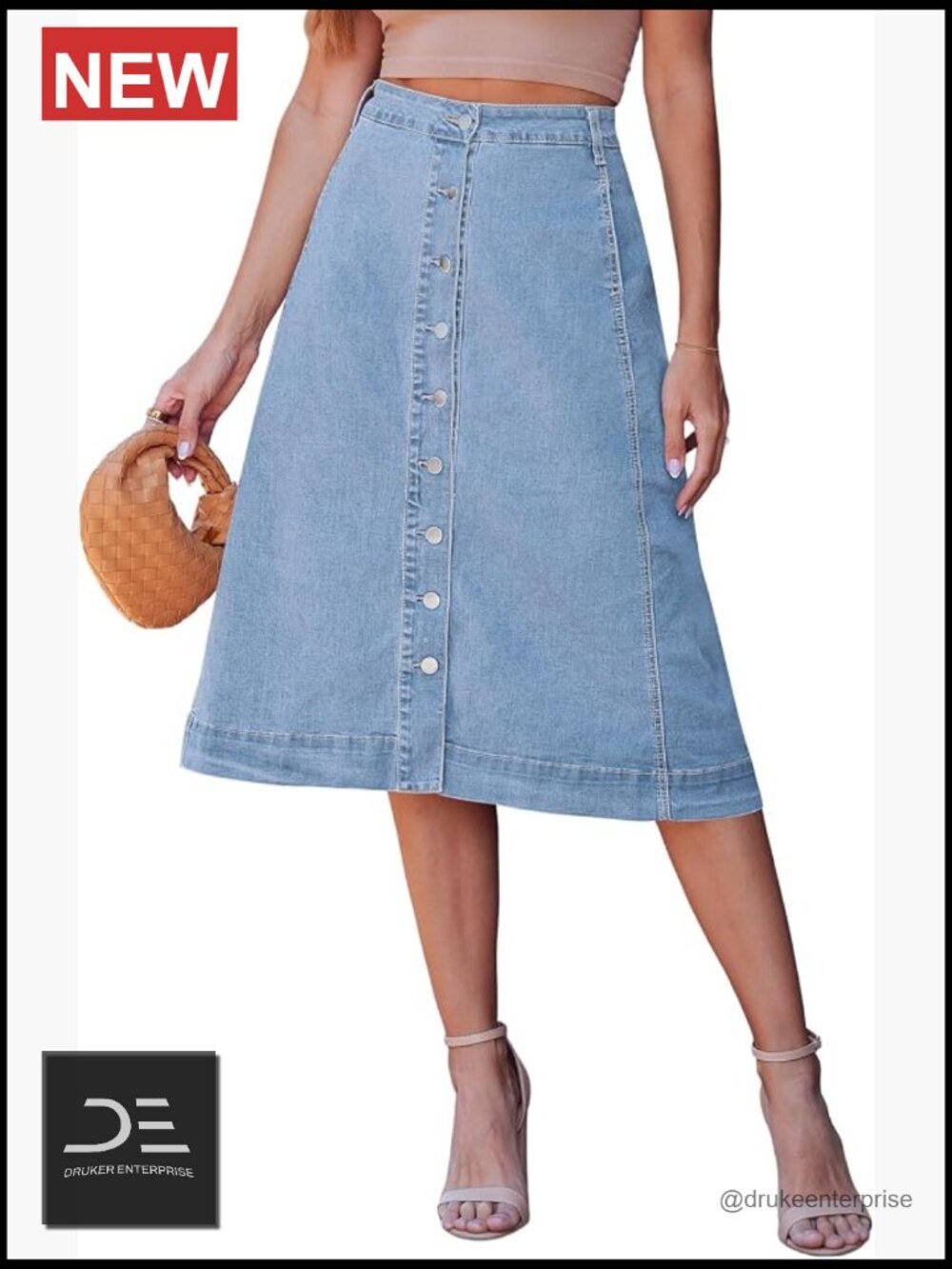 High Waisted A-Line Midi Denim Skirt with Pockets Western Button Down
